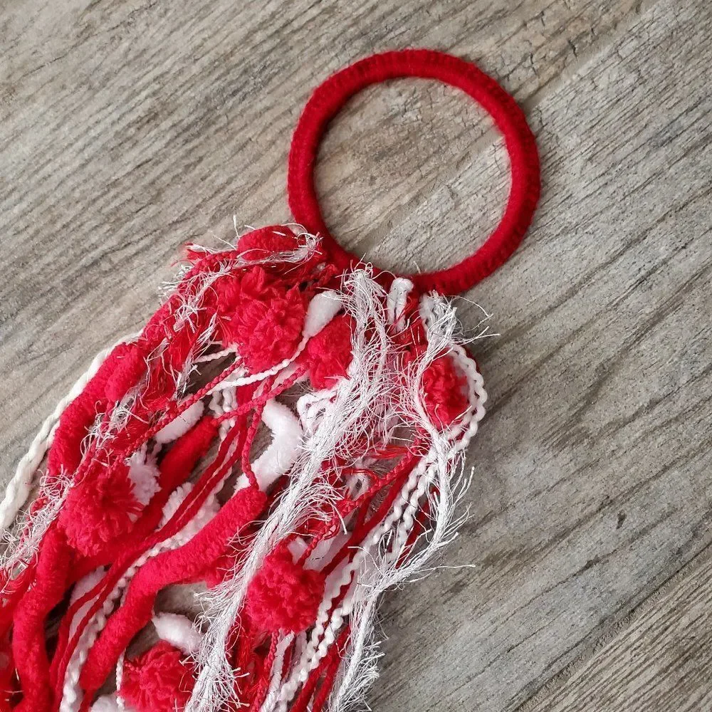 Hand Crafted Scarves or Boho Wall Hanging Decor Red White and Silver set of 4